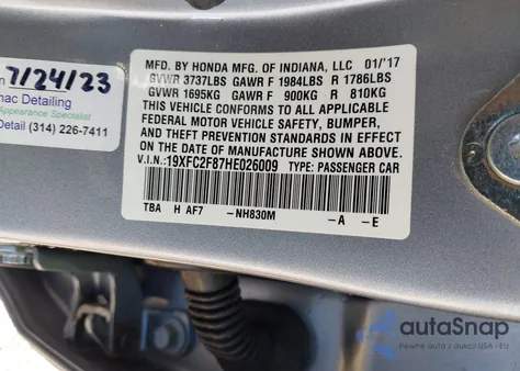 2017 Honda Civic Ex из США, поврежденный, VIN 19XFC2F87HE026009